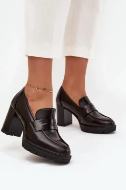 Półbuty Skórzane>Boto Półbuty Damskie Na Słupku Z Eko Skóry Czekoladowe Ilyssia Brązowy