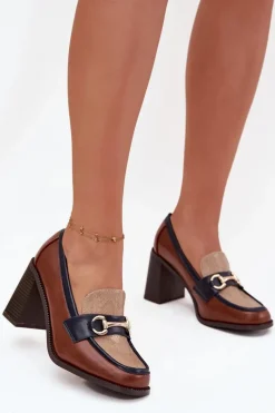 Best Boto Półbuty Damskie Na Słupku Z Tłoczeniem I Złotym Detalem Beżowo-Brązowe Novella Beżowy