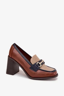 Best Boto Półbuty Damskie Na Słupku Z Tłoczeniem I Złotym Detalem Beżowo-Brązowe Novella Beżowy