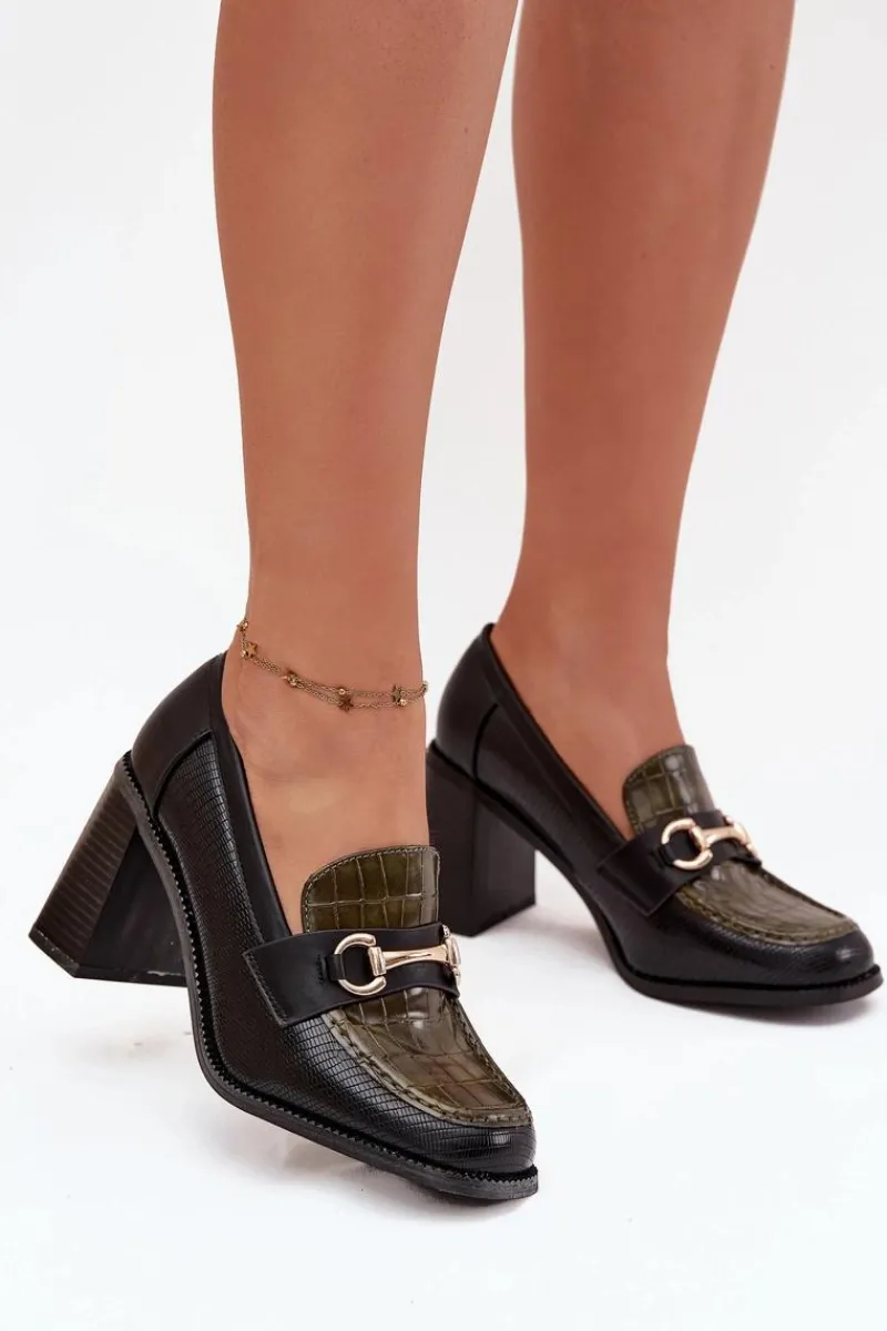 Półbuty Lakierowane|Półbuty Skórzane>Boto Półbuty Damskie Na Słupku Z Tłoczeniem I Złotym Detalem Zielono-Czarne Novella Zielony