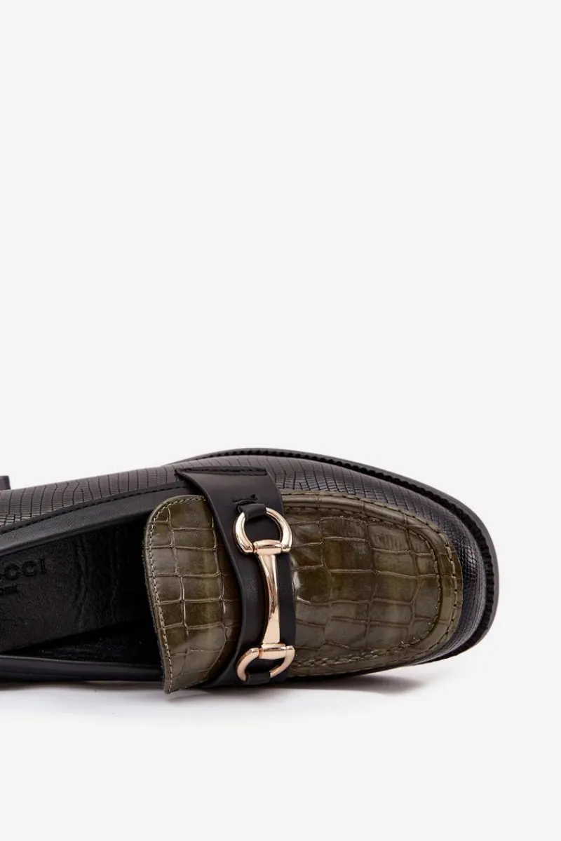 Półbuty Lakierowane|Półbuty Skórzane>Boto Półbuty Damskie Na Słupku Z Tłoczeniem I Złotym Detalem Zielono-Czarne Novella Zielony