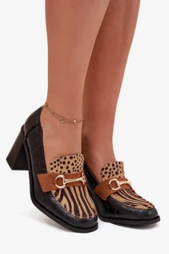 Best Półbuty Damskie Na Słupku Z Tłoczeniem I Złotym Detalem Czarno-Beżowe Novella Damskie Półbuty Lakierowane|Półbuty Skórzane