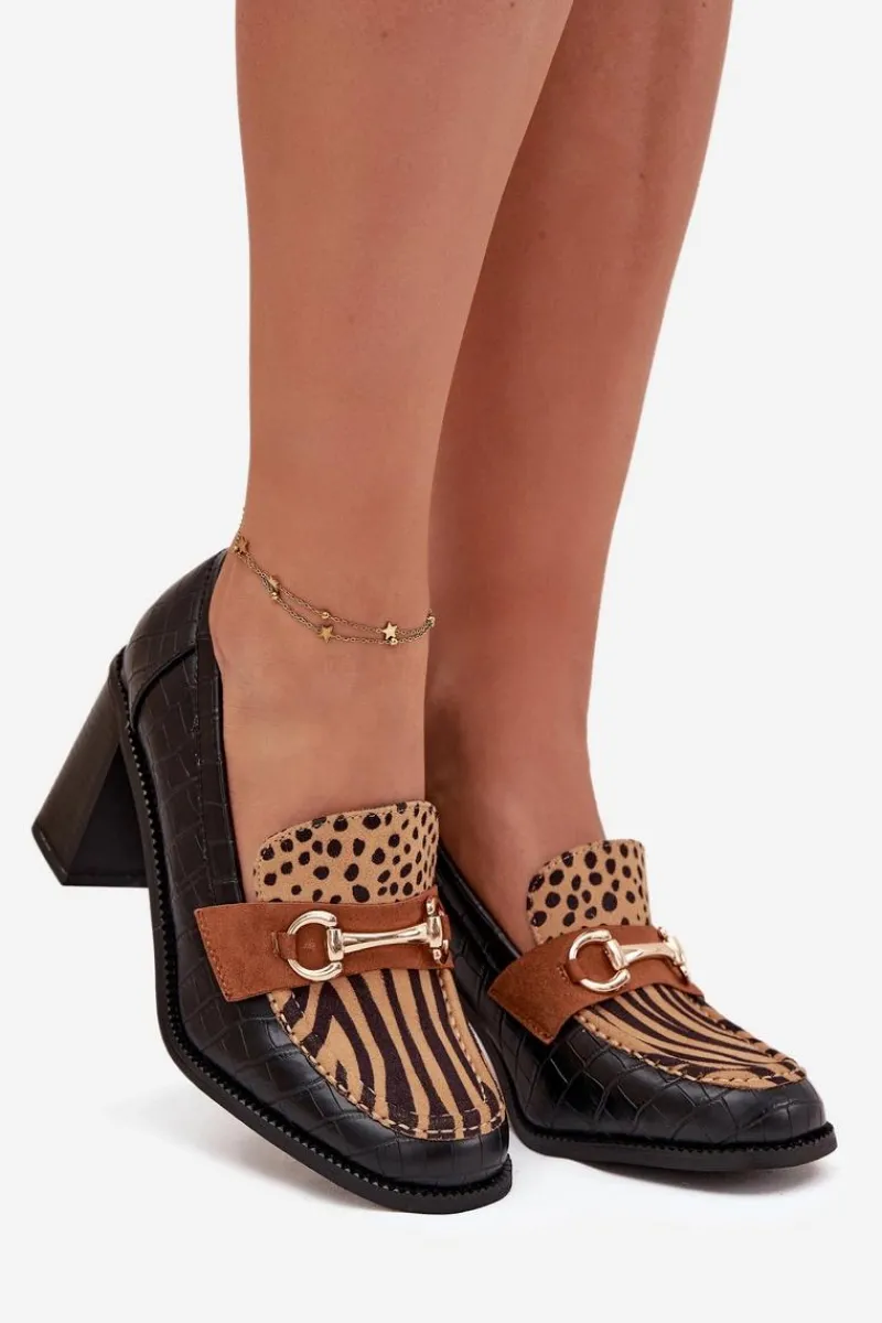 Best Półbuty Damskie Na Słupku Z Tłoczeniem I Złotym Detalem Czarno-Beżowe Novella Damskie Półbuty Lakierowane|Półbuty Skórzane