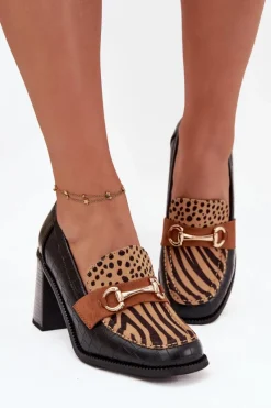Best Półbuty Damskie Na Słupku Z Tłoczeniem I Złotym Detalem Czarno-Beżowe Novella Damskie Półbuty Lakierowane|Półbuty Skórzane