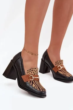 Best Półbuty Damskie Na Słupku Z Tłoczeniem I Złotym Detalem Czarno-Beżowe Novella Damskie Półbuty Lakierowane|Półbuty Skórzane