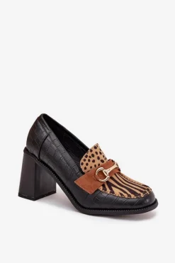 Best Półbuty Damskie Na Słupku Z Tłoczeniem I Złotym Detalem Czarno-Beżowe Novella Damskie Półbuty Lakierowane|Półbuty Skórzane