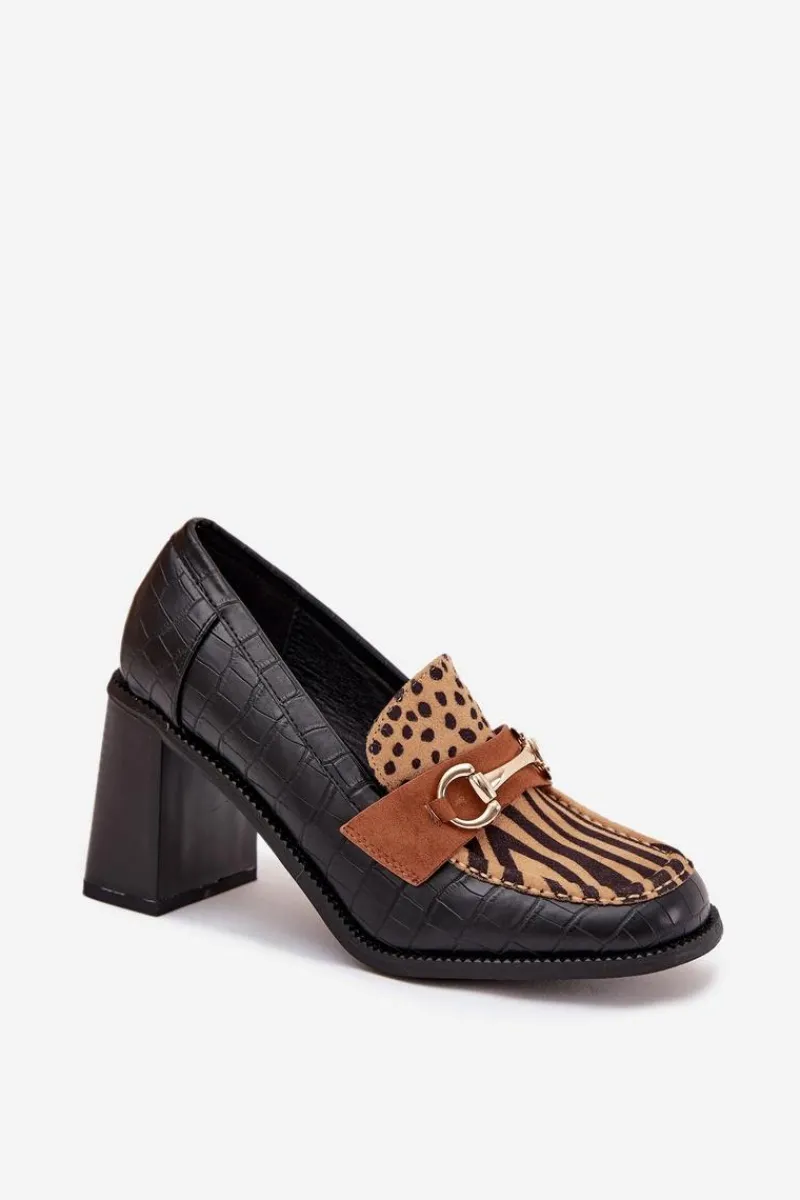Best Półbuty Damskie Na Słupku Z Tłoczeniem I Złotym Detalem Czarno-Beżowe Novella Damskie Półbuty Lakierowane|Półbuty Skórzane