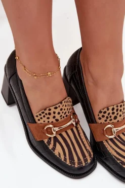 Best Półbuty Damskie Na Słupku Z Tłoczeniem I Złotym Detalem Czarno-Beżowe Novella Damskie Półbuty Lakierowane|Półbuty Skórzane