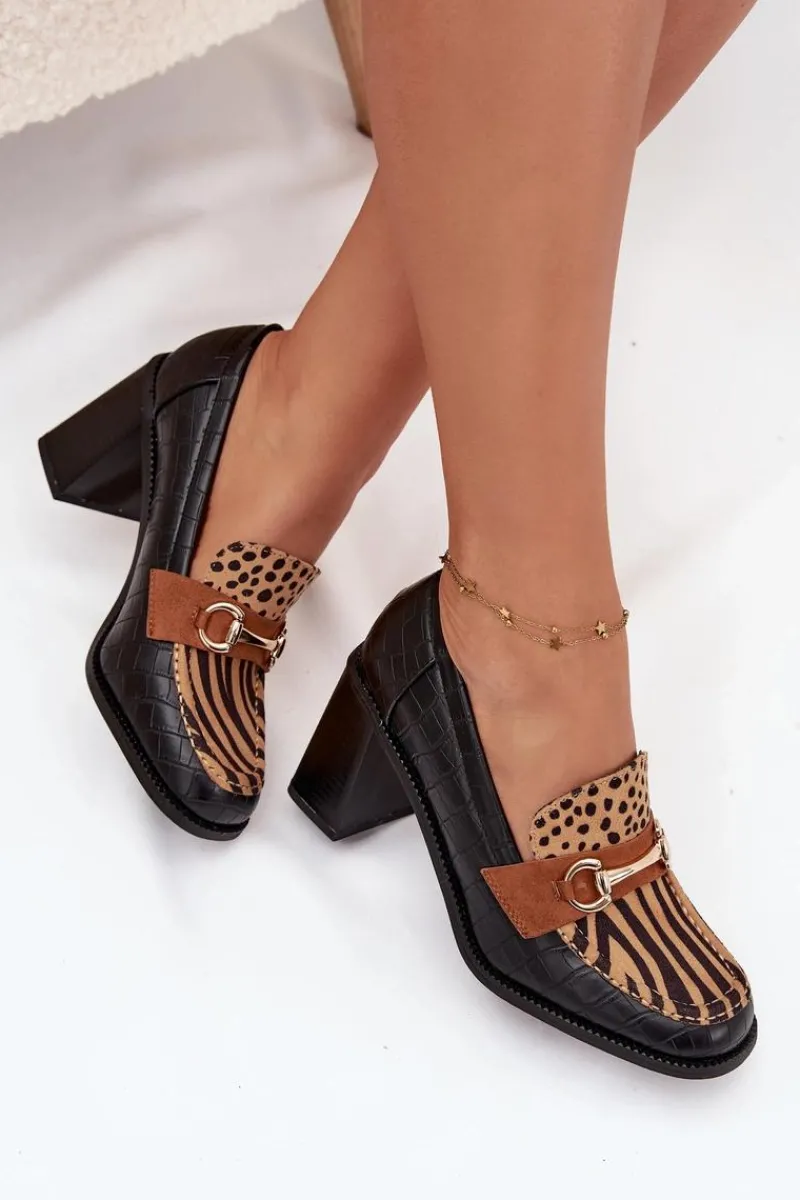 Best Półbuty Damskie Na Słupku Z Tłoczeniem I Złotym Detalem Czarno-Beżowe Novella Damskie Półbuty Lakierowane|Półbuty Skórzane