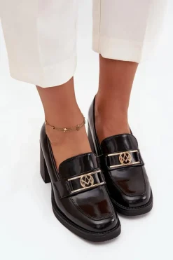 Półbuty Skórzane>Boto Półbuty Damskie Na Słupku Ze Złotym Detalem Czarne Privelle Czarny