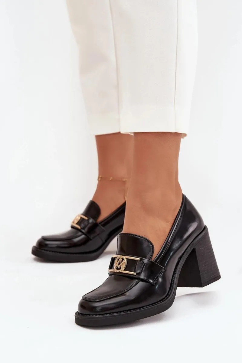 Półbuty Skórzane>Boto Półbuty Damskie Na Słupku Ze Złotym Detalem Czarne Privelle Czarny