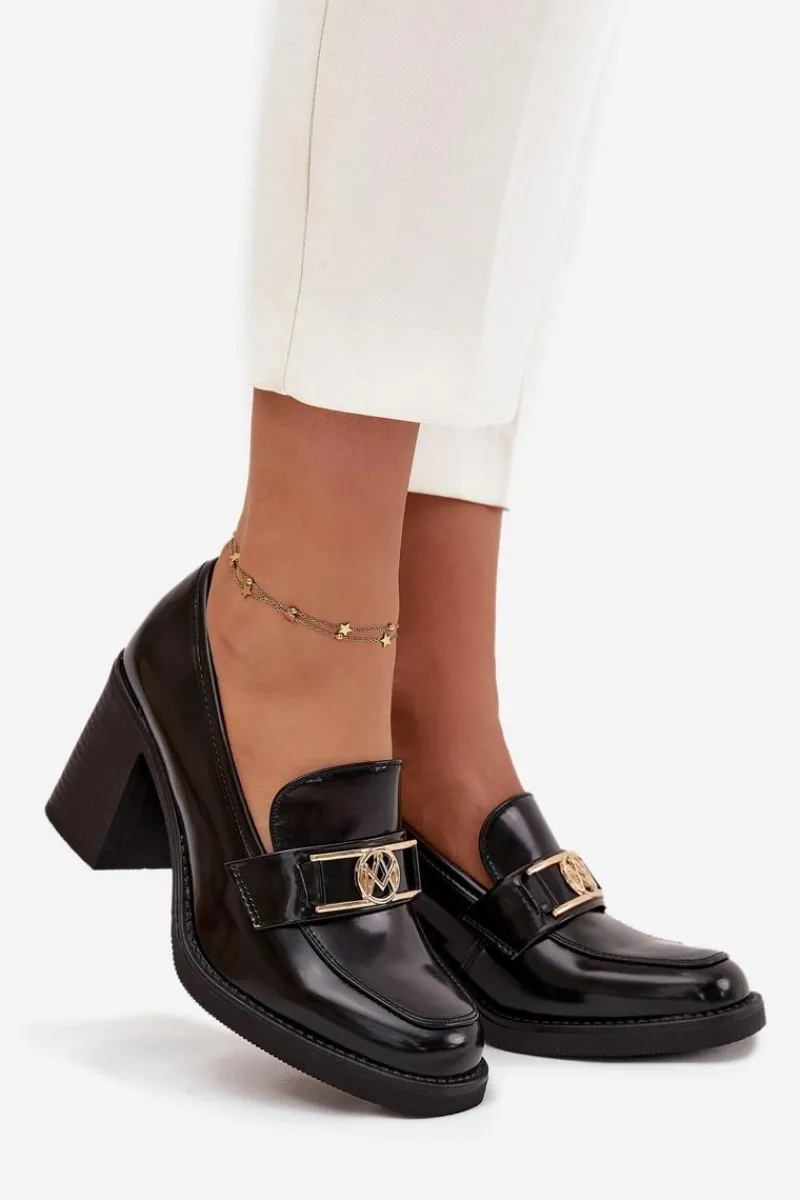 Półbuty Skórzane>Boto Półbuty Damskie Na Słupku Ze Złotym Detalem Czarne Privelle Czarny