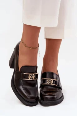 Outlet Półbuty Damskie Na Słupku Ze Złotym Detalem Czekoladowe Privelle Damskie Półbuty Skórzane