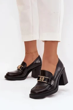 Outlet Półbuty Damskie Na Słupku Ze Złotym Detalem Czekoladowe Privelle Damskie Półbuty Skórzane