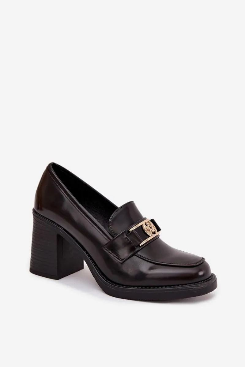 Outlet Półbuty Damskie Na Słupku Ze Złotym Detalem Czekoladowe Privelle Damskie Półbuty Skórzane