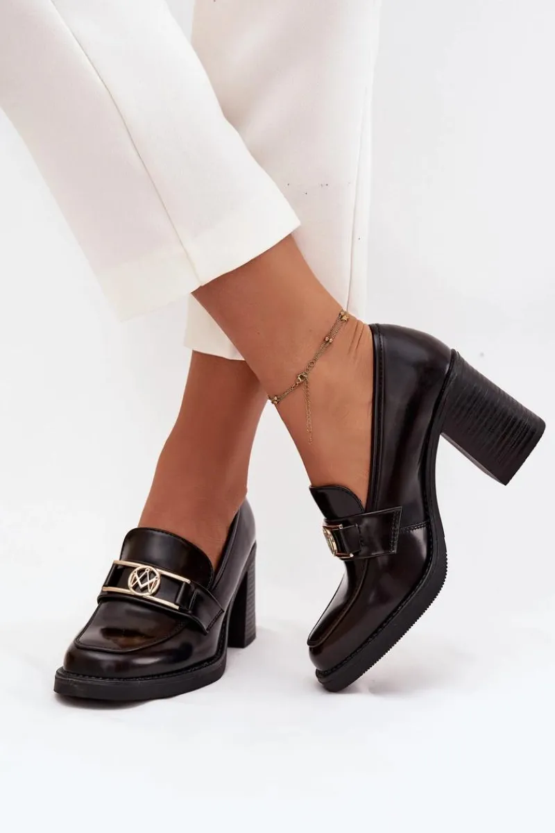 Outlet Półbuty Damskie Na Słupku Ze Złotym Detalem Czekoladowe Privelle Damskie Półbuty Skórzane