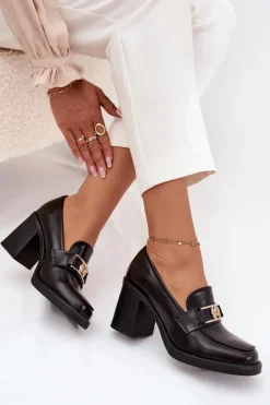 Outlet Półbuty Damskie Na Słupku Ze Złotym Detalem Czekoladowe Privelle Damskie Półbuty Skórzane