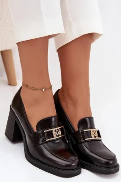 Outlet Półbuty Damskie Na Słupku Ze Złotym Detalem Czekoladowe Privelle Damskie Półbuty Skórzane