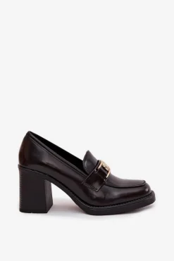 Outlet Półbuty Damskie Na Słupku Ze Złotym Detalem Czekoladowe Privelle Damskie Półbuty Skórzane