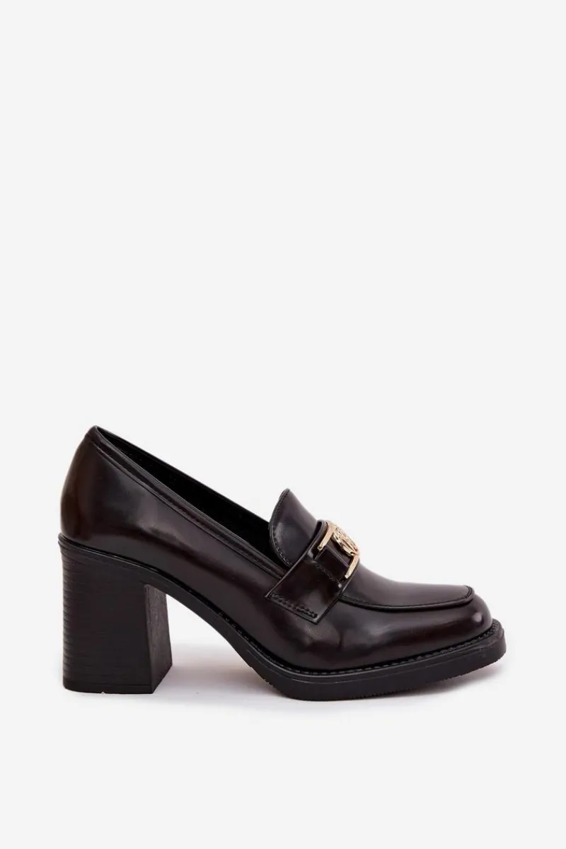 Outlet Półbuty Damskie Na Słupku Ze Złotym Detalem Czekoladowe Privelle Damskie Półbuty Skórzane