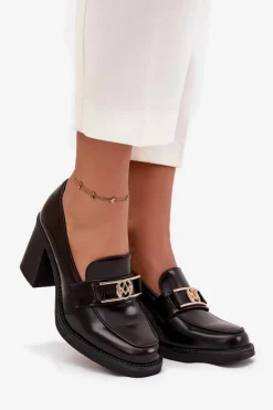 Outlet Półbuty Damskie Na Słupku Ze Złotym Detalem Czekoladowe Privelle Damskie Półbuty Skórzane