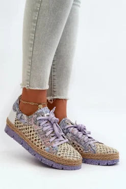 New Półbuty Damskie Skórzane 05897-05 Fioletowe Damskie Półbuty Skórzane