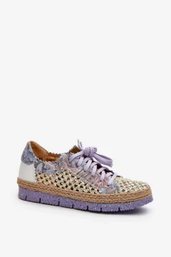 New Półbuty Damskie Skórzane 05897-05 Fioletowe Damskie Półbuty Skórzane