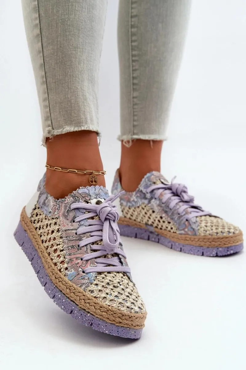 New Półbuty Damskie Skórzane 05897-05 Fioletowe Damskie Półbuty Skórzane