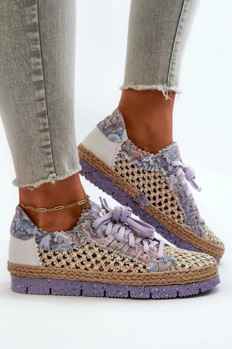 New Półbuty Damskie Skórzane 05897-05 Fioletowe Damskie Półbuty Skórzane