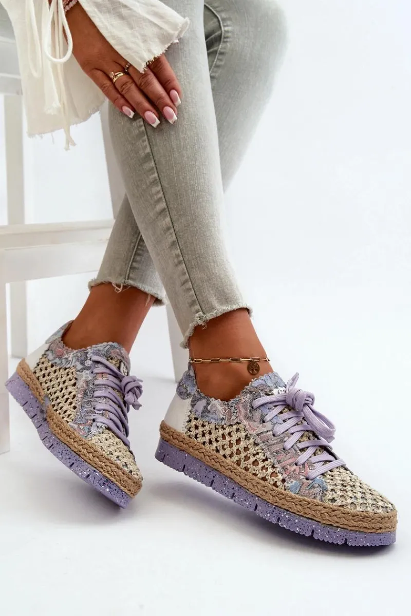 New Półbuty Damskie Skórzane 05897-05 Fioletowe Damskie Półbuty Skórzane