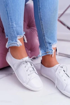 Best Półbuty Damskie Tenisówki Skórzane Białe 4049A Damskie Półbuty Skórzane