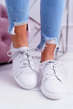 Best Półbuty Damskie Tenisówki Skórzane Białe 4049A Damskie Półbuty Skórzane