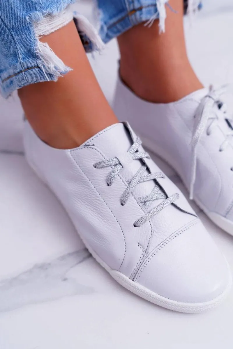 Best Półbuty Damskie Tenisówki Skórzane Białe 4049A Damskie Półbuty Skórzane