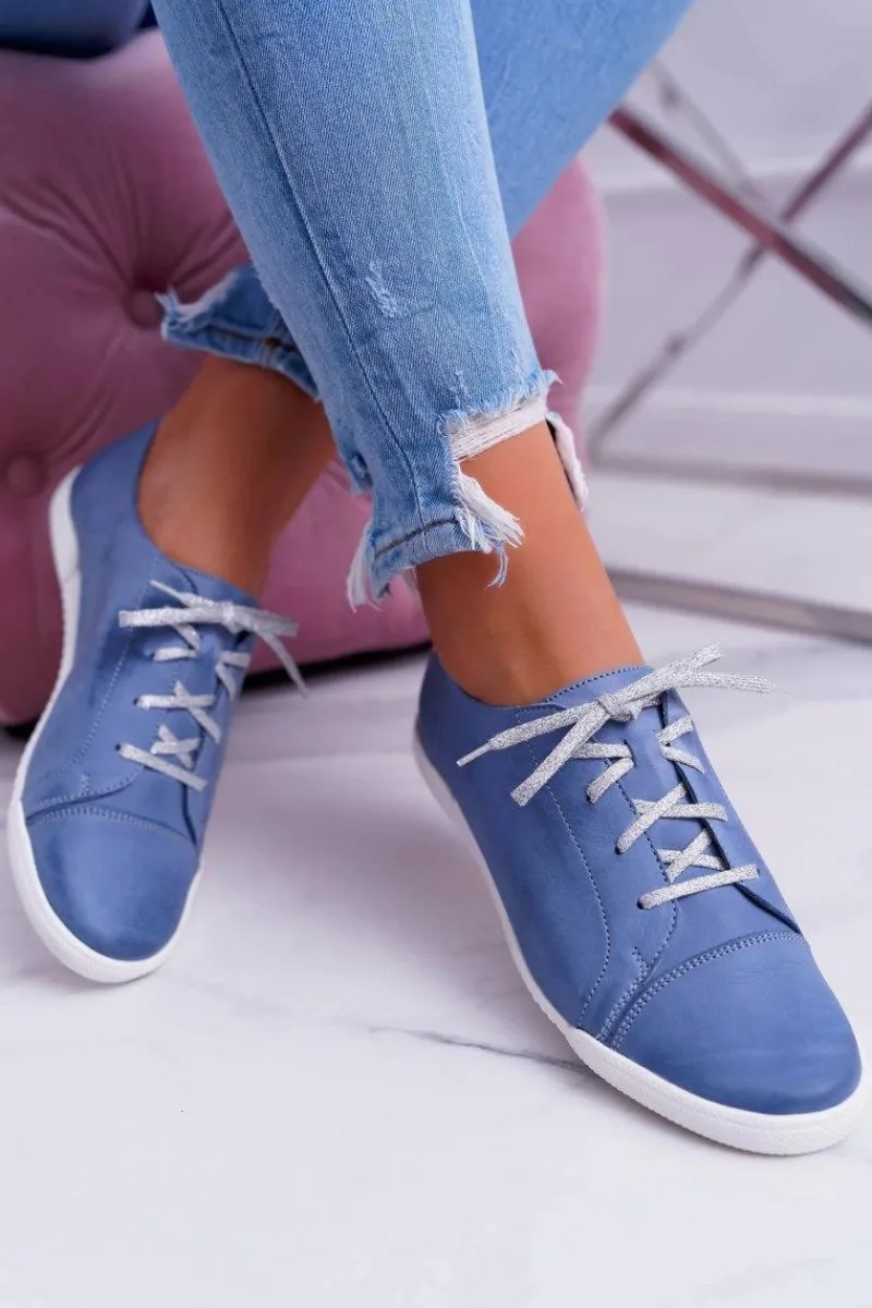 New Półbuty Damskie Tenisówki Skórzane Jasno Niebieskie 4049A Damskie Półbuty Skórzane