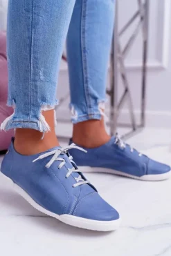 New Półbuty Damskie Tenisówki Skórzane Jasno Niebieskie 4049A Damskie Półbuty Skórzane