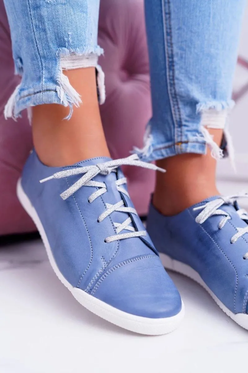 New Półbuty Damskie Tenisówki Skórzane Jasno Niebieskie 4049A Damskie Półbuty Skórzane