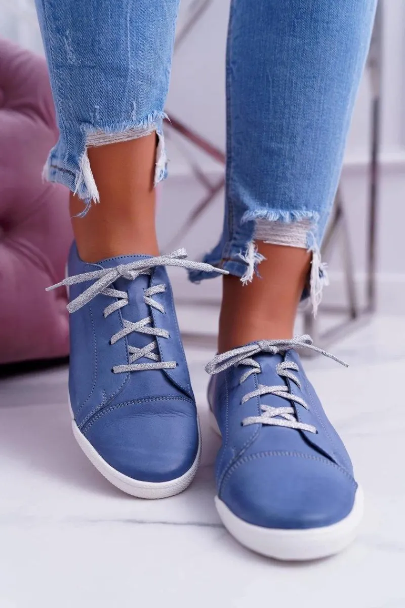 New Półbuty Damskie Tenisówki Skórzane Jasno Niebieskie 4049A Damskie Półbuty Skórzane