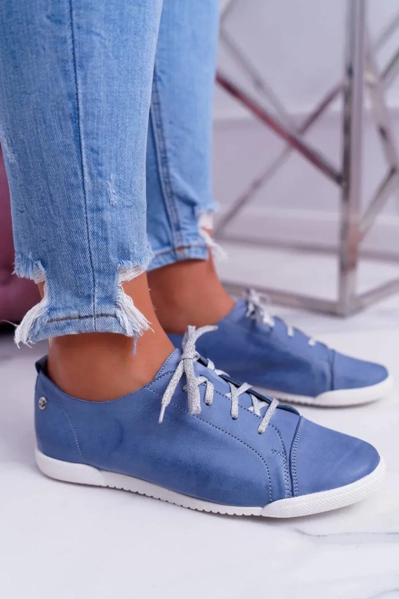 New Półbuty Damskie Tenisówki Skórzane Jasno Niebieskie 4049A Damskie Półbuty Skórzane