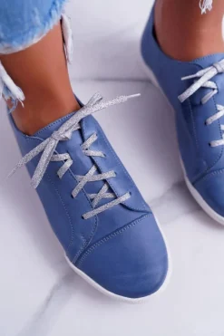 New Półbuty Damskie Tenisówki Skórzane Jasno Niebieskie 4049A Damskie Półbuty Skórzane