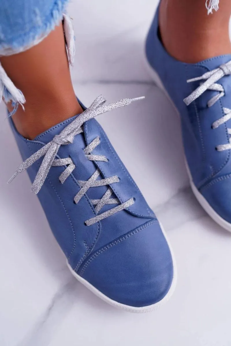 New Półbuty Damskie Tenisówki Skórzane Jasno Niebieskie 4049A Damskie Półbuty Skórzane