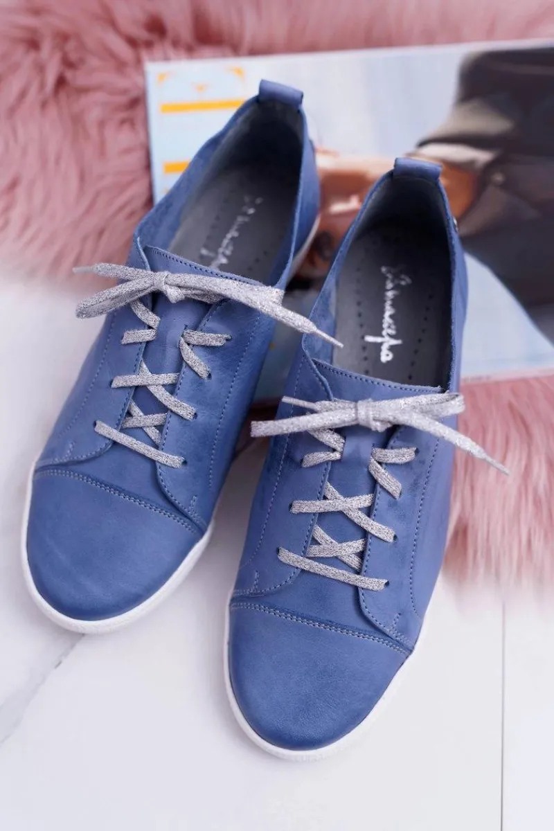 New Półbuty Damskie Tenisówki Skórzane Jasno Niebieskie 4049A Damskie Półbuty Skórzane