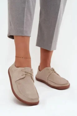 Hot Półbuty Damskie Typu Barefoot Z Naturalnego Zamszu 327 Jasnobeżowe Damskie Półbuty Skórzane|Barefoot