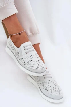 Clearance Półbuty Damskie Wsuwane Ażurowe Białe Azethia Damskie Półbuty Skórzane