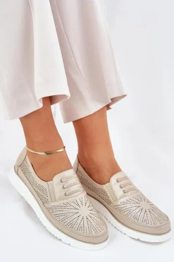 Online Evento Półbuty Damskie Wsuwane Ażurowe Złote Azethia Złoty