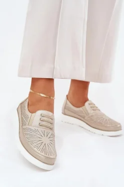 Online Evento Półbuty Damskie Wsuwane Ażurowe Złote Azethia Złoty