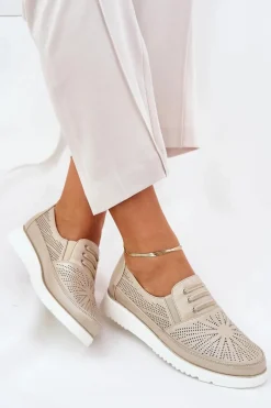 Online Evento Półbuty Damskie Wsuwane Ażurowe Złote Azethia Złoty