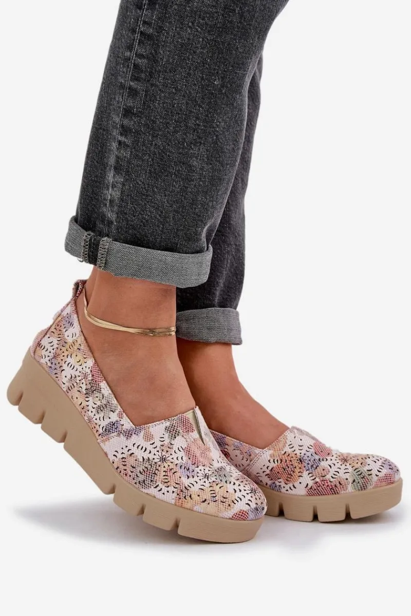New Półbuty Damskie Z Ażurowym Wzorem Na Koturnie Multikolor Lisvia Damskie Półbuty Skórzane