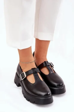 Hot Półbuty Damskie Z Klamrą Na Platformie I Płaskim Obcasie Czarne Venda Damskie Półbuty Skórzane