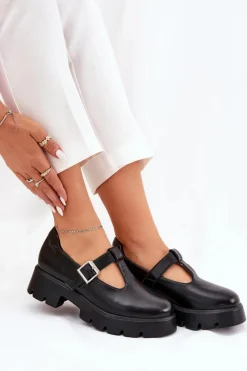Hot Półbuty Damskie Z Klamrą Na Platformie I Płaskim Obcasie Czarne Venda Damskie Półbuty Skórzane