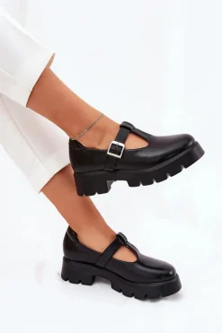 Hot Półbuty Damskie Z Klamrą Na Platformie I Płaskim Obcasie Czarne Venda Damskie Półbuty Skórzane